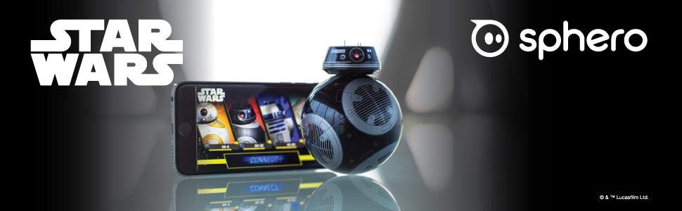 Sphero BB-9E Main Banner Showing the Droid Next to a Smartphone and the Star Wars + Sphero Logos